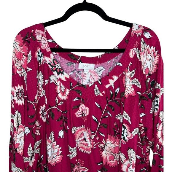 LOFT Outlet Blouse Womens XXL Red/Pink Floral Balloon Sleeves V-Neck Blouse - Picture 2 of 9